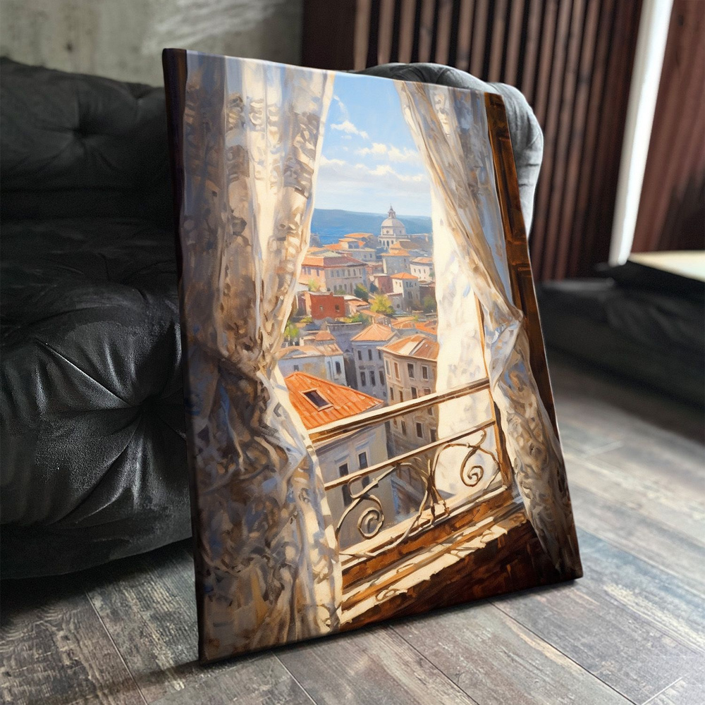 Картина на холсте (Арт, масло, рисунок, вид из окна, город, лучи солнца)  20x30 см. Интерьерная, на стену. - купить по низкой цене в  интернет-магазине OZON (1254452120)
