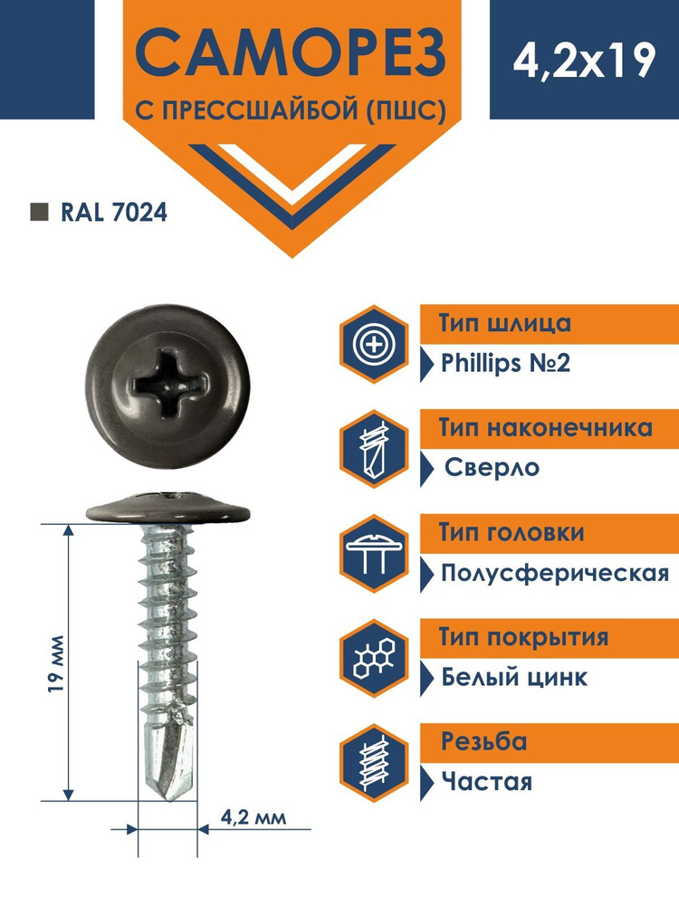 Саморез Rizzel ПШС с прессшайбой сверло 4,2х19 RAL 7024 (1000 шт) #1