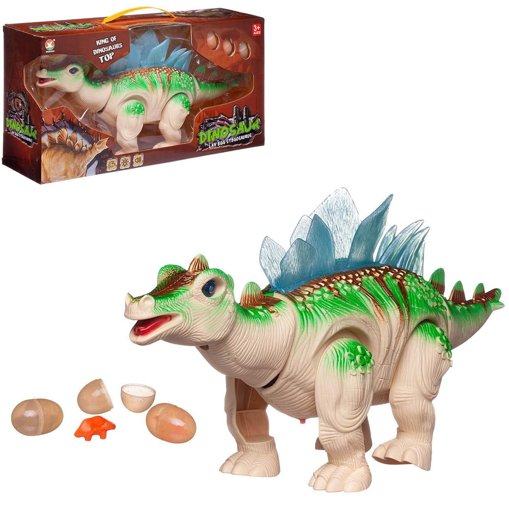 Динозавр Junfa Стегозавр, бело-зеленый, электромеханический, откладывает яйца, свет, звук  #1
