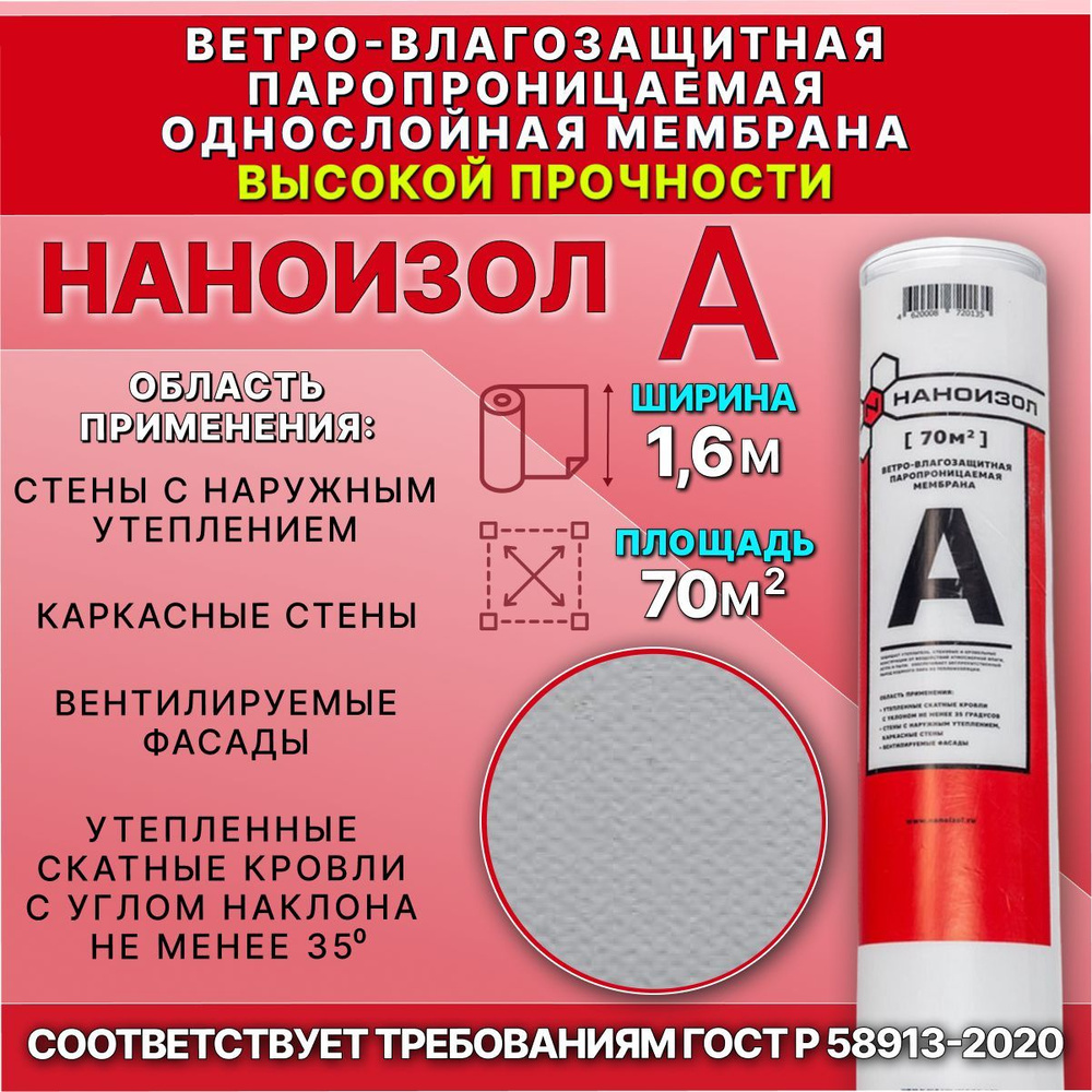 Ветро-влагозащитная, паропроницаемая мембрана НАНОИЗОЛ А (A) 70 м2 .