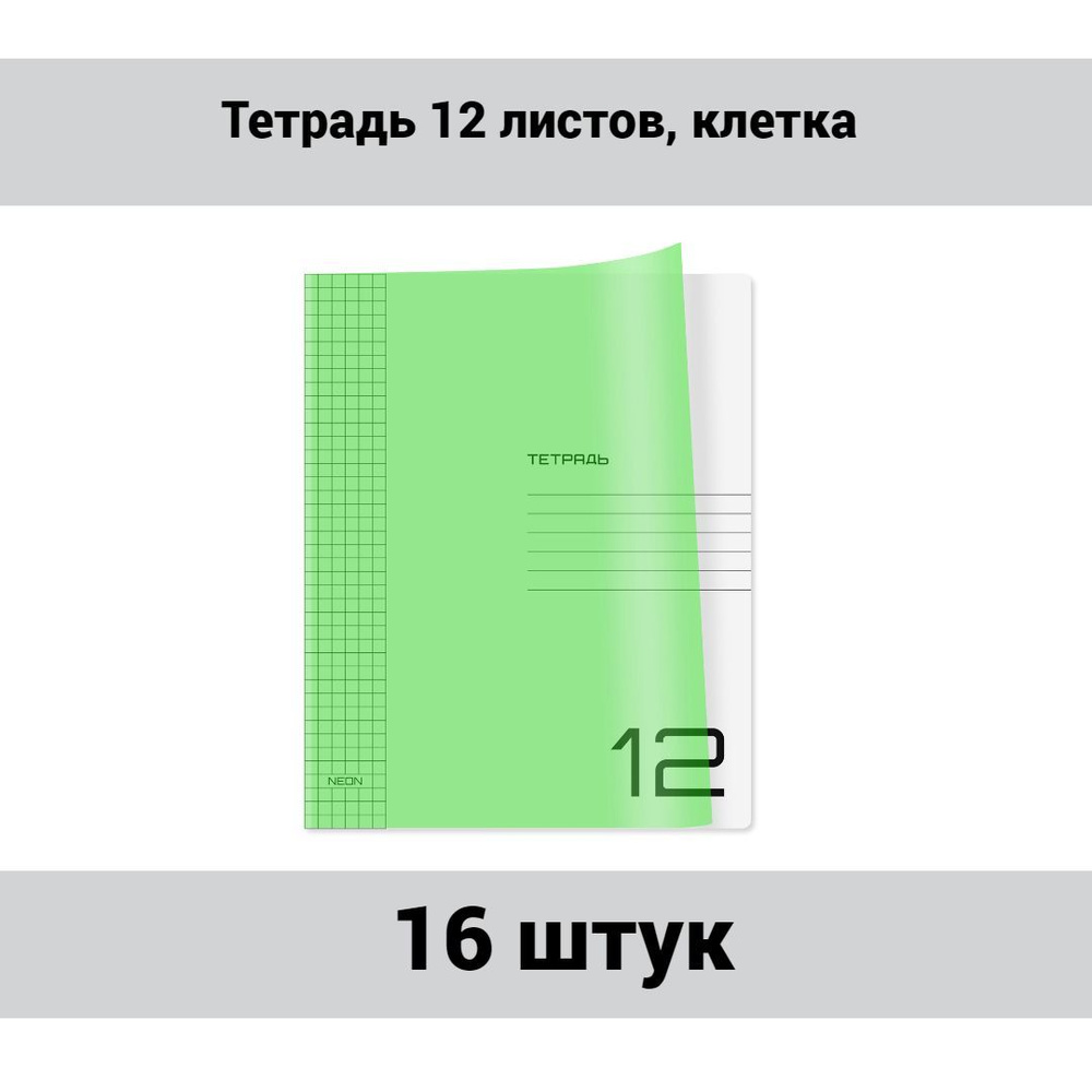 Тетрадь 12 листов клетка BG "UniTone. Neon", пластиковая обложка, неон ...