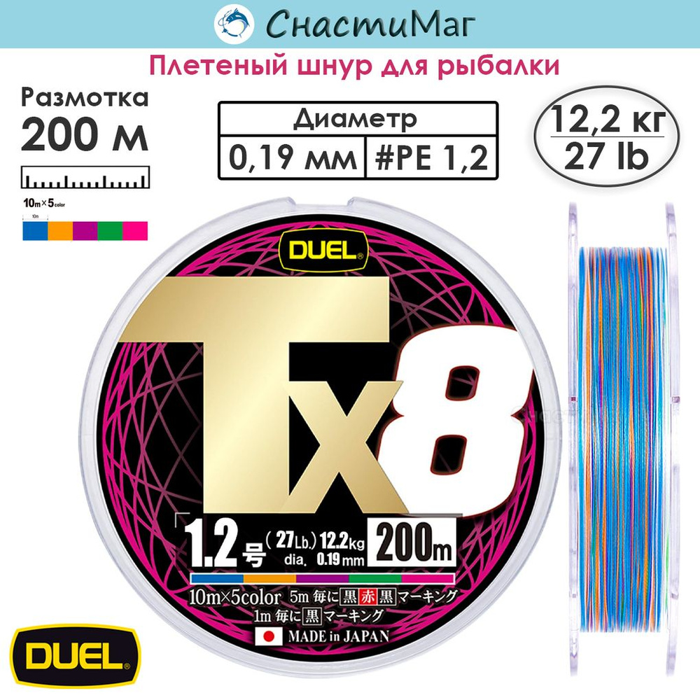 Плетеный шнур Duel PE Tx8 200м 5Color #1,2 (0,19мм) 12,2кг #1