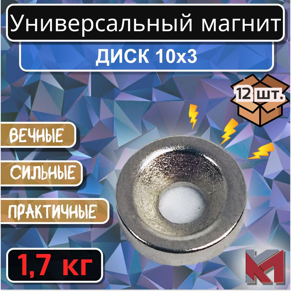 Магнитный диск 10х3 мм с отверстием (зенковка) 7х3.5 мм для крепления - 12 шт.  #1