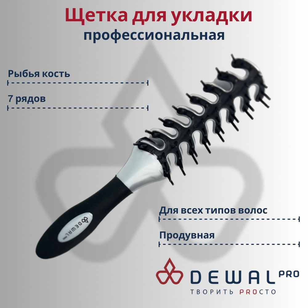 DEWAL Расческа для волос, профессиональная, массажная, для укладки, продувная BR69403, черная, 1 штука #1