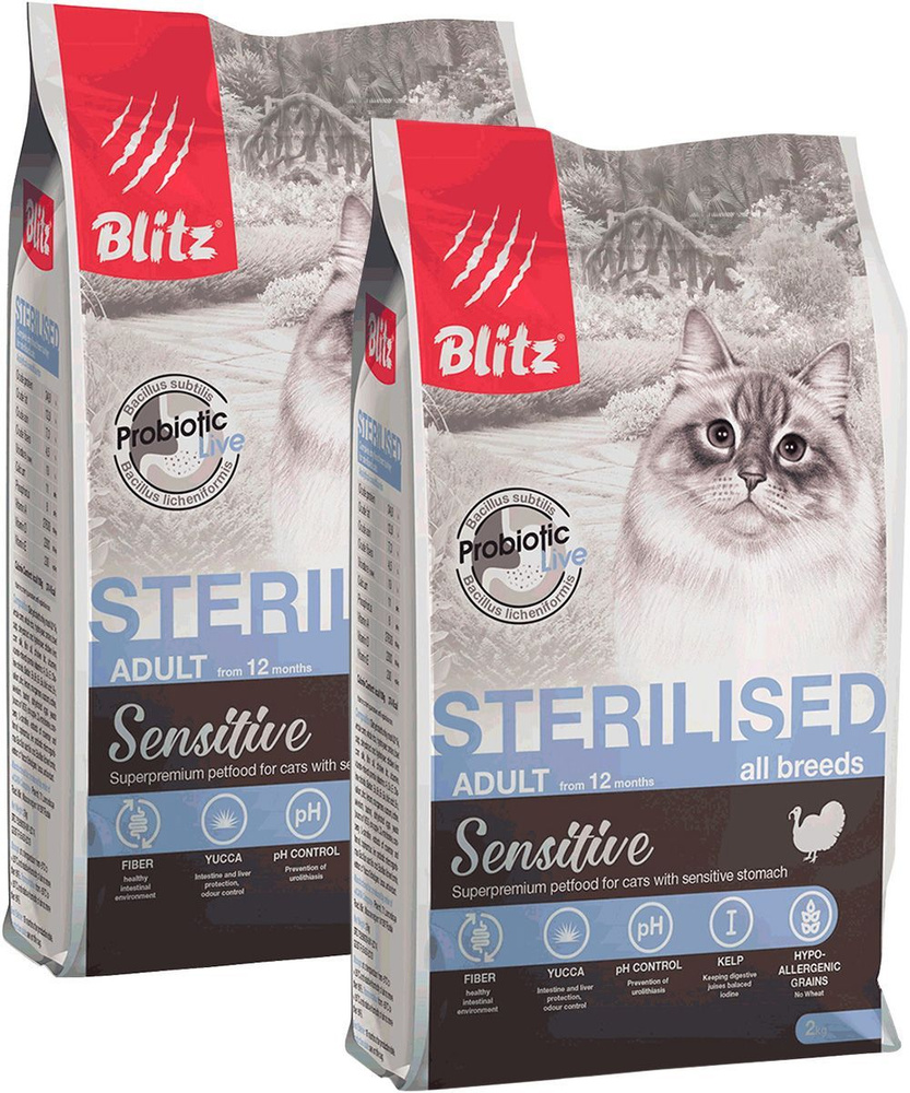 Сухой корм BLITZ SENSITIVE ADULT CAT STERILISED TURKEY для взрослых кастрированных котов и стерилизованных #1