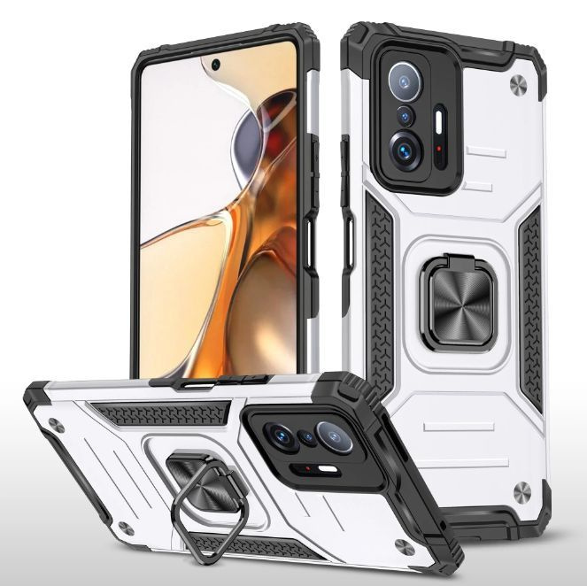 Противоударный чехол для Xiaomi 11T, 11T Pro серебро с пластиной для магнитного автодержателя и кольцом #1