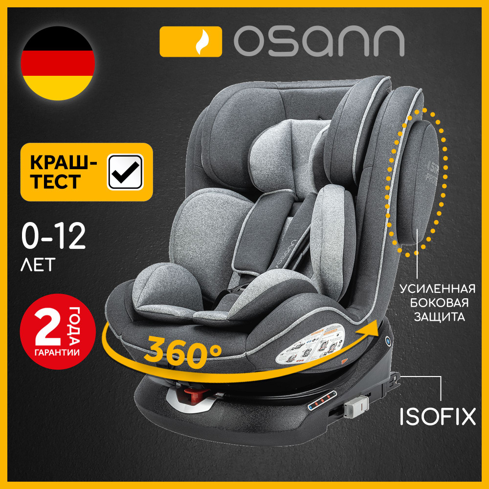 Автокресло детское Osann ENO360 Universe Grey от 0 до 36 кг, c isofix и  якорным ремнем, группа 0+/1/2/3 до 12 лет