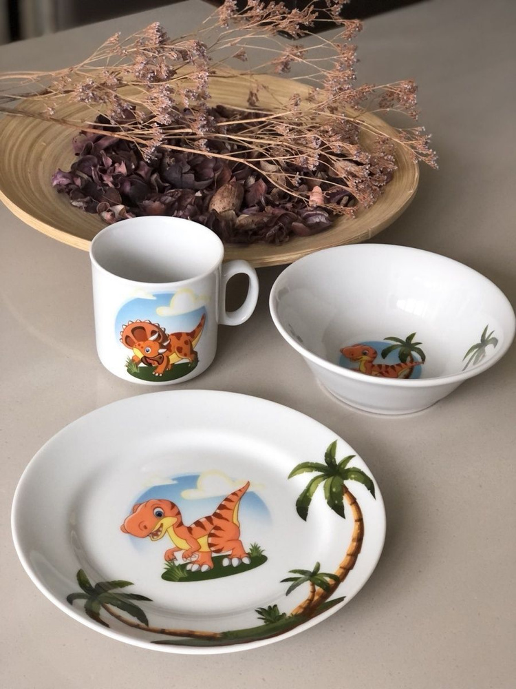 Набор детской посуды Динозаврики, керамика, 3 предмета: тарелка, салатник, кружка  #1