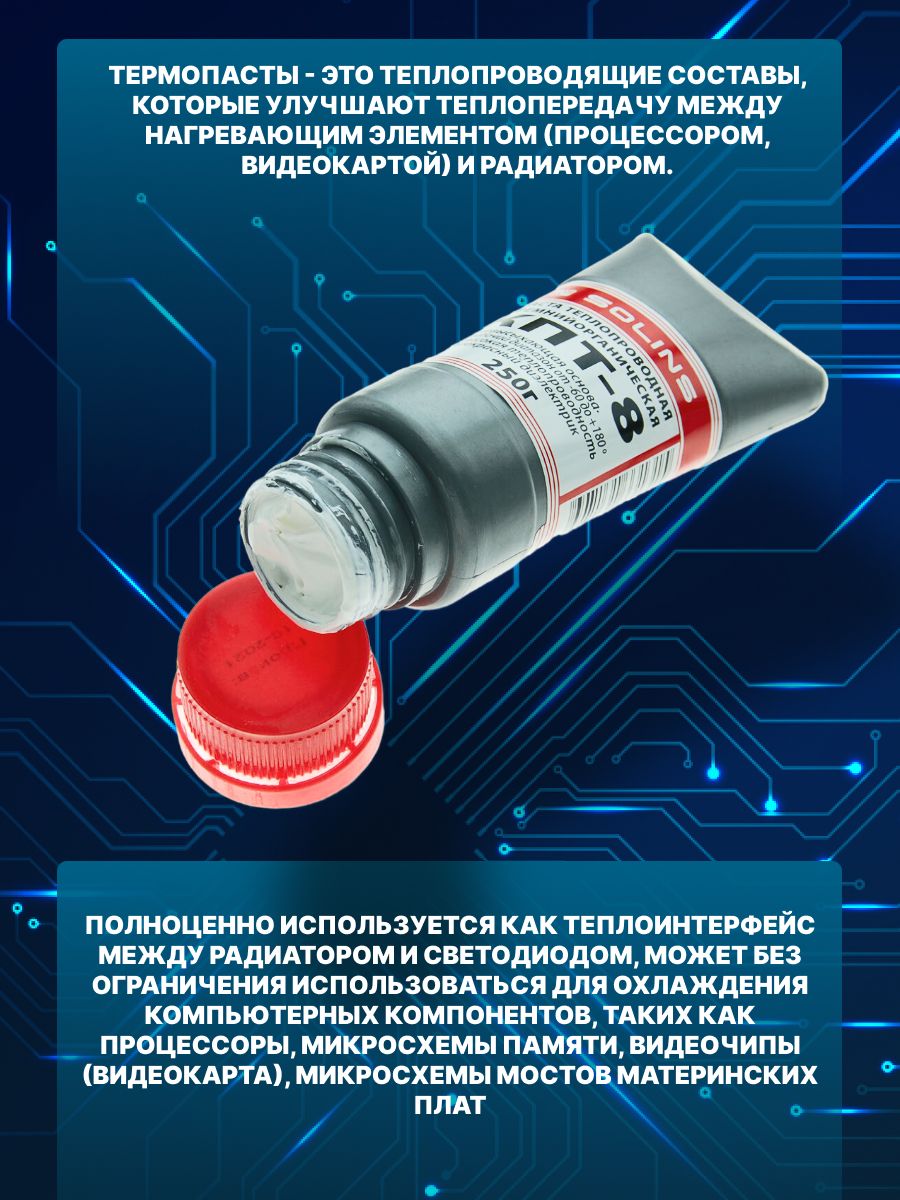 Термопаста / Паста теплопроводная SOLINS КПТ-8 кремнийорганическая / Охлаждающая термопаста для ноутбука, компьютера, процессора, пк, видеокарты, теплопроводящая, 250 г