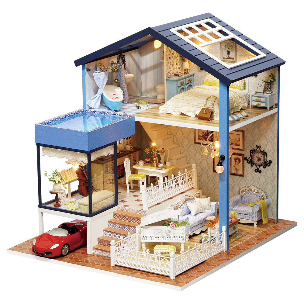 Румбокс Happy Home сборная модель "Дом с бассейном и кабриолетом", интерьерный конструктор с защитным #1