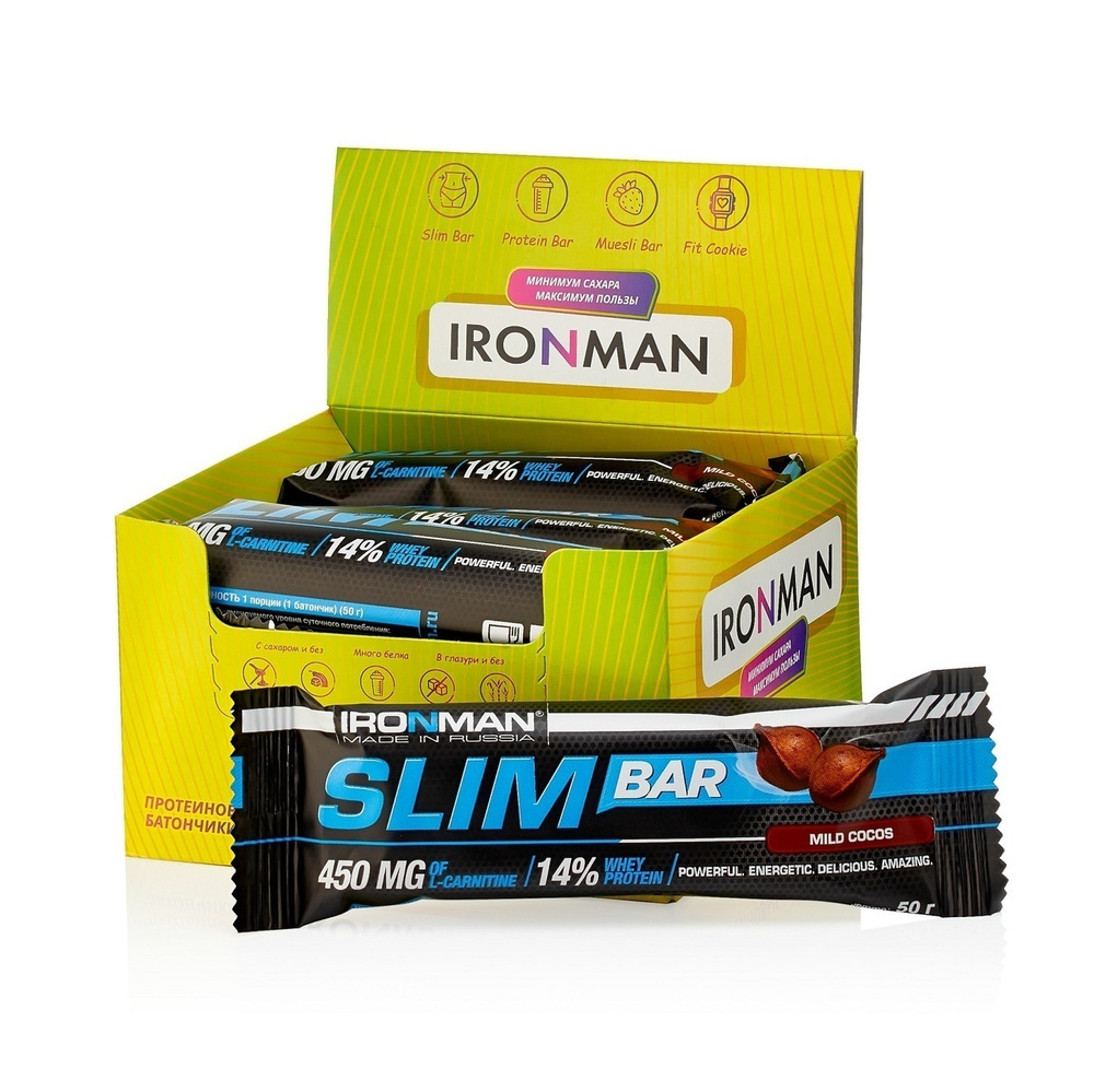 Протеиновые батончики 12х50 г Кокос - темная глазурь для похудения с L-карнитином Slim Bar IRONMAN  #1