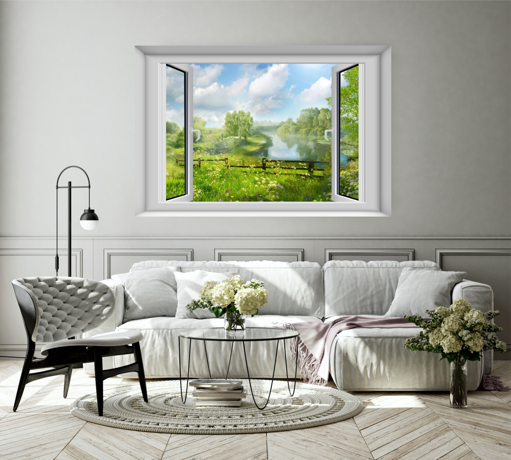 Фотообои, постер с природой "Вид из окна "Летний день" для спальни, кухни, гостиной 100х150 см.  #1