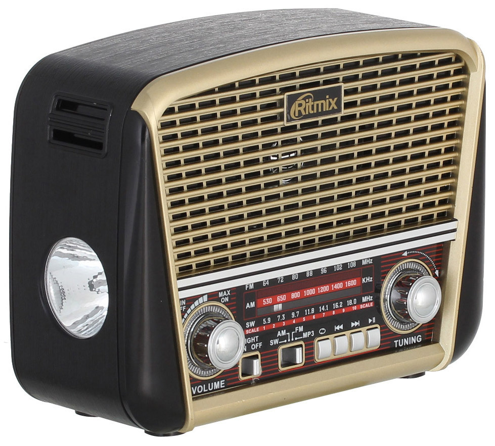 Радиоприемник портативный трехдиапазонный RITMIX RPR-050 Gold, ретро-стиль, встроенный светодиодный фонарь, #1