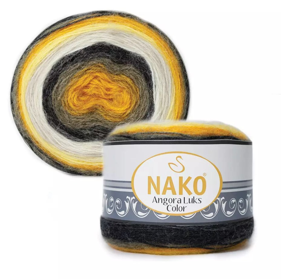 Пряжа Nako Angora Luks Color -1 шт, черный/оранж/серый (81908), 810м/150г, 5% мохер, 15% шерсть, 80% #1