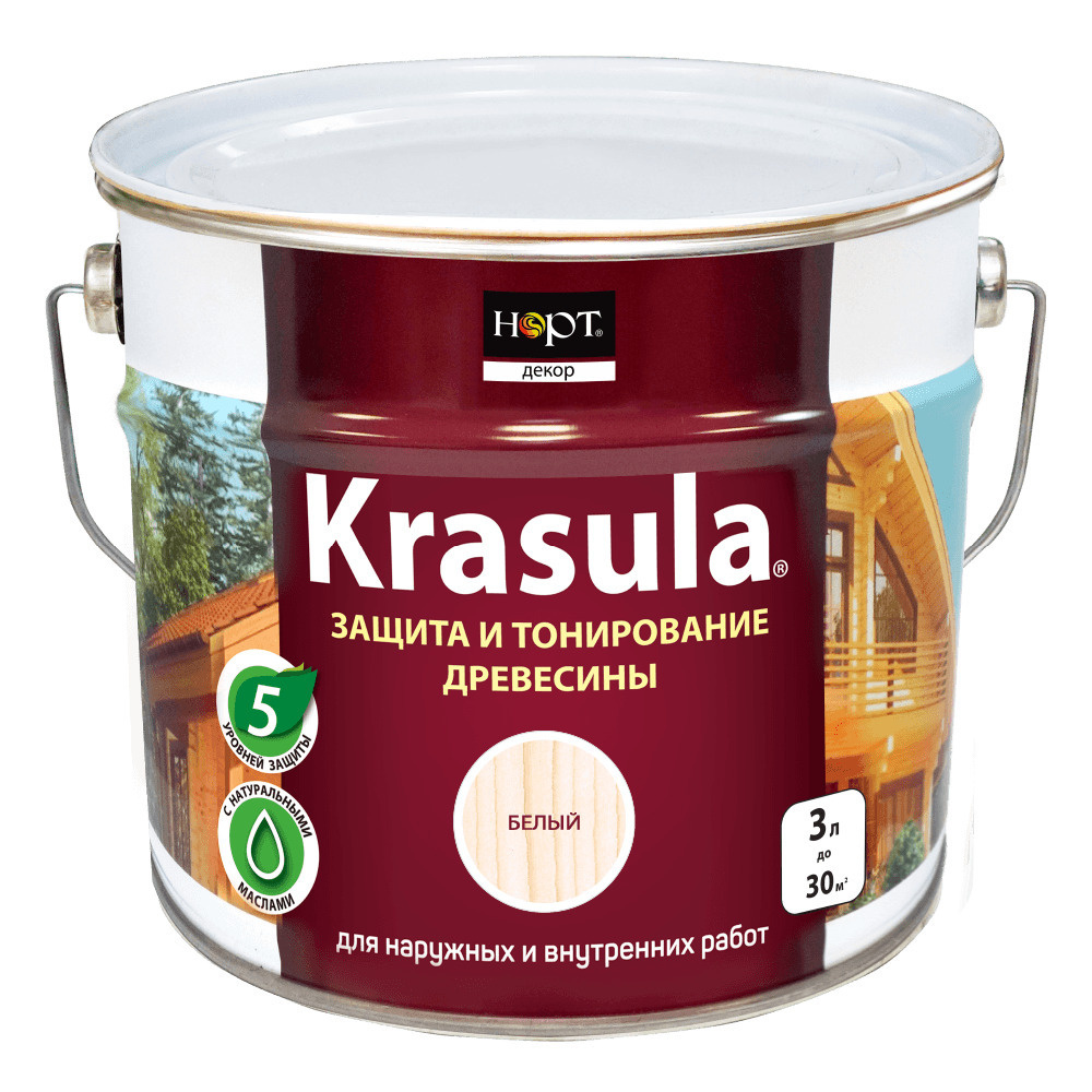 Krasula 3л белый, Защитно-декоративный состав для дерева и древесины Красула, пропитка, защитная лазурь #1