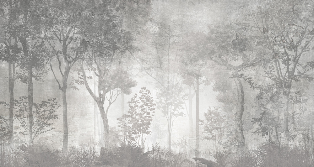 Фотообои флизелиновые на стену 3д GrandPik 26027 Лофт "Лес, деревья в тумане, винтаж, серые" (ШхВ), 450х240 #1
