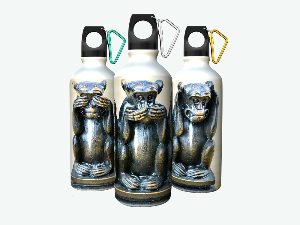 Бутылка фляга для воды "Три обезьяны, три мудрых обезьяны, древняя ...