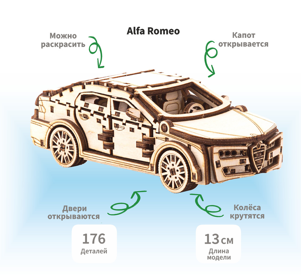 Деревянный конструктор сборная модель 3D машина Alfa Romeo, 13х6.5х5 см,  176 дет. - купить с доставкой по выгодным ценам в интернет-магазине OZON  (383210617)