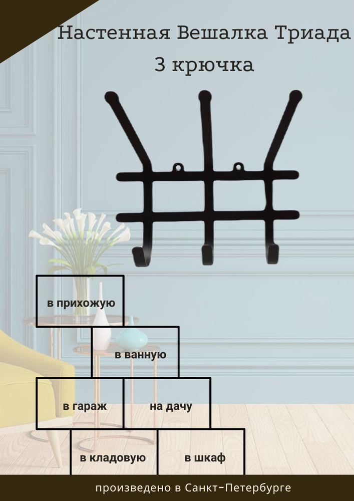 Вешалка настенная на 3 крючка