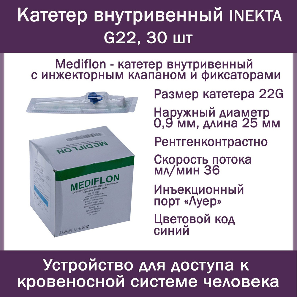 Катетер внутривенный INEKTA с инжекторным клапаном и фиксаторами Mediflon G22, 30 шт  #1