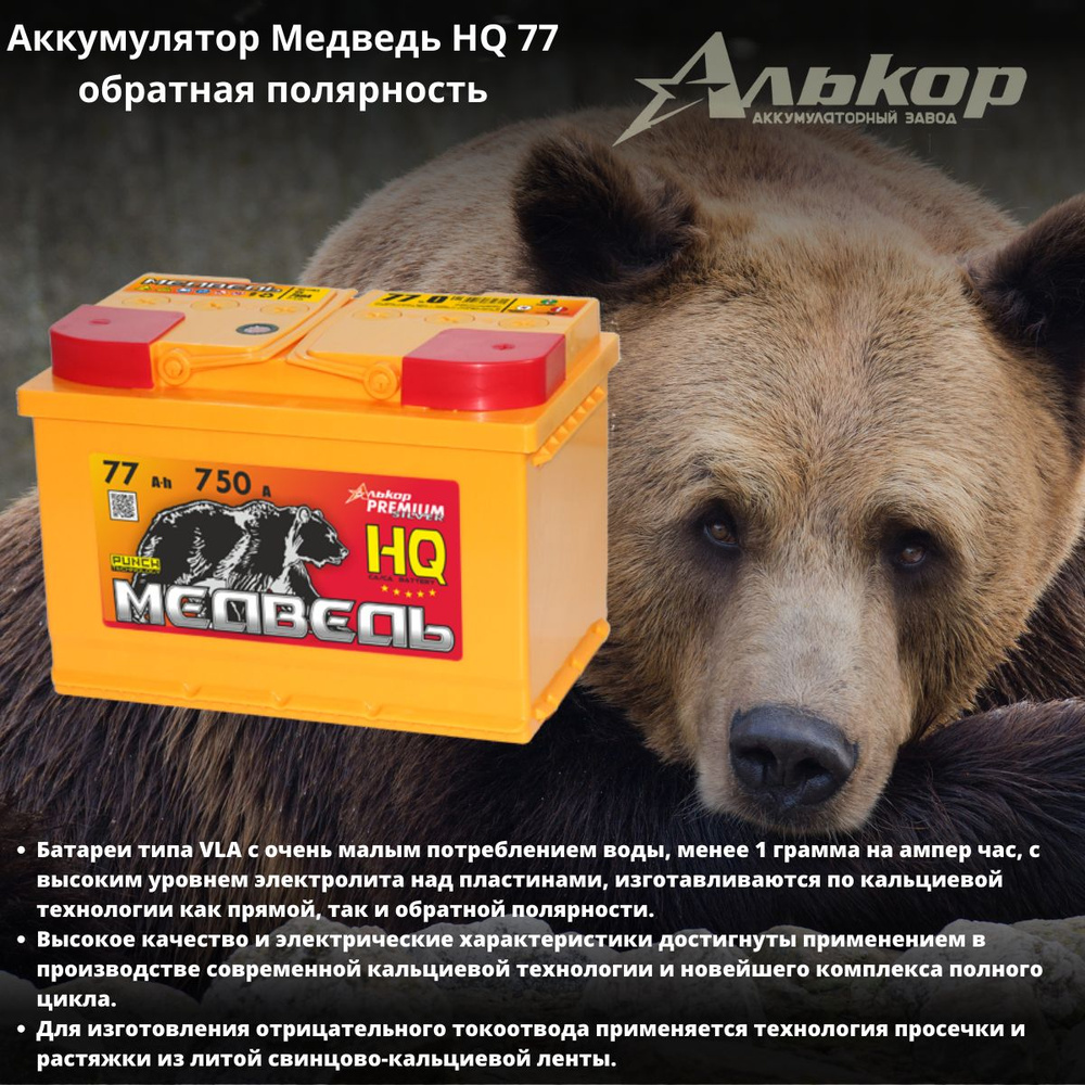 Аккумулятор автомобильный Алькор Аккумулятор Медведь HQ 44Ач прямая  полярность Азия (50В19R) купить по выгодной цене в интернет-магазине OZON  (795983886)