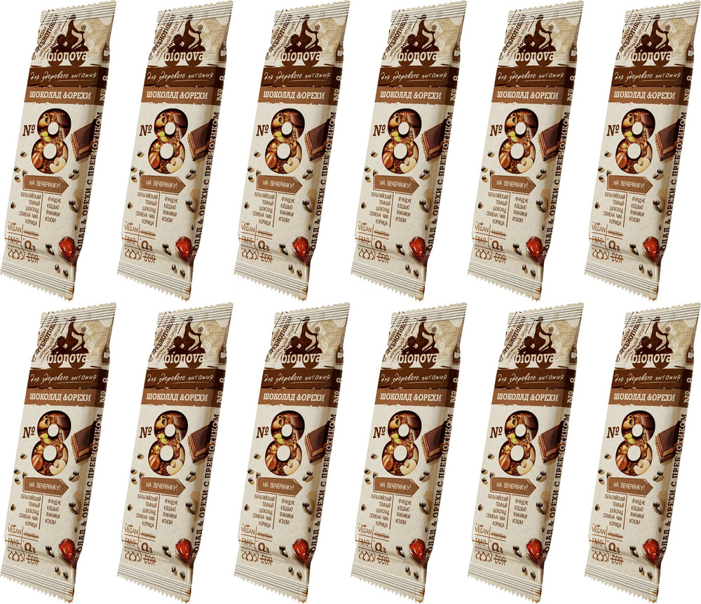 Батончик Bionova протеиновый шоколад-орехи с пребиотиками, комплект: 12 упаковок по 35 г  #1