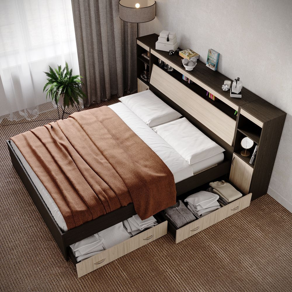 Двуспальная кровать с ящиками для хранения из дерева