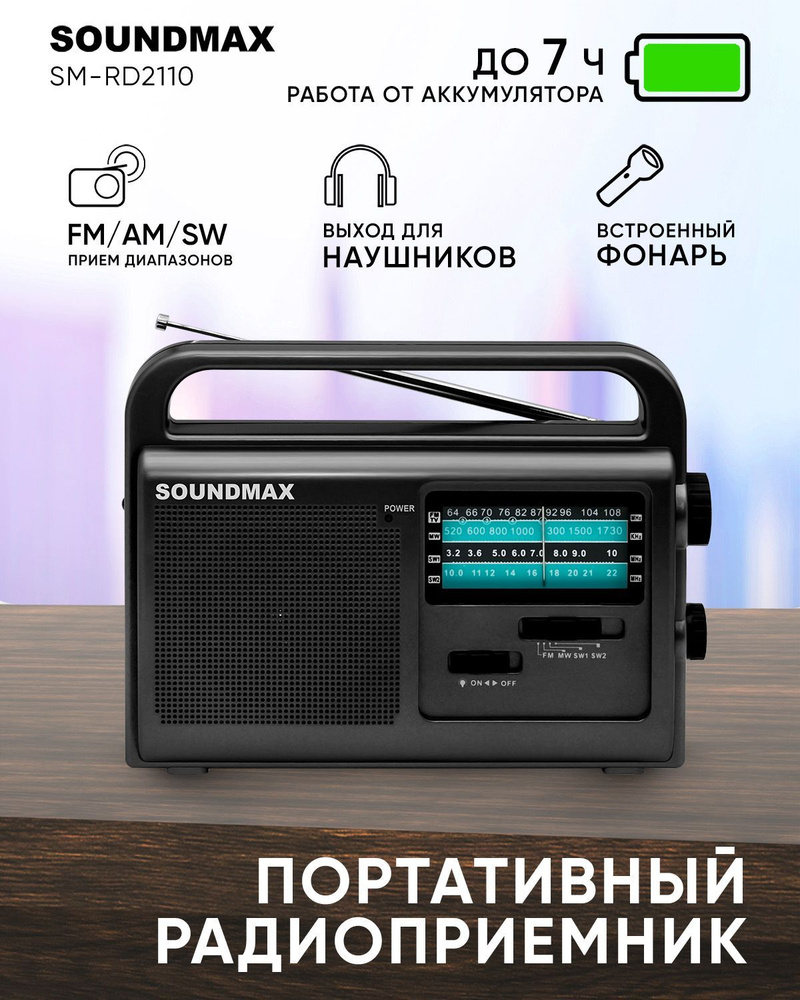 Радиоприемник SOUNDMAX SM-RD2110(темно-серый) / радиоприемник с фонариком, FM/AM/SW, 1Вт, 3,5mm jack #1