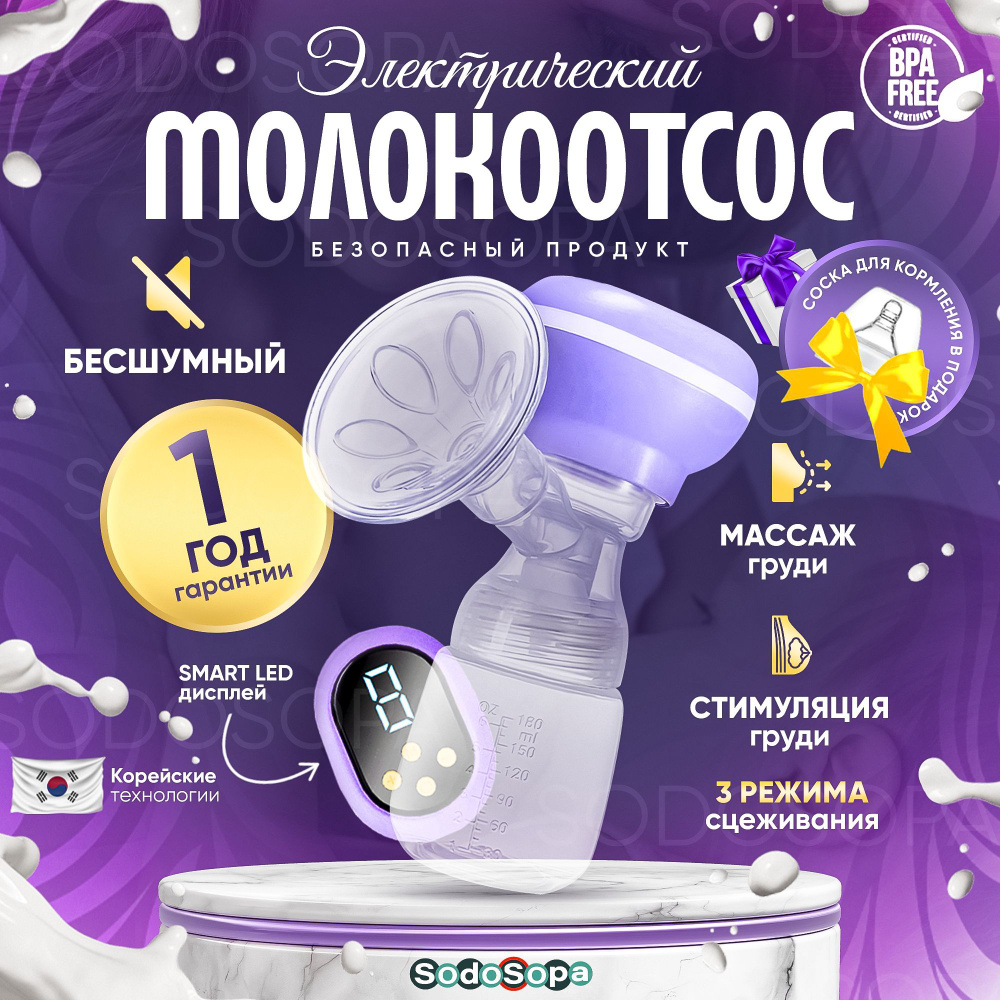 Молокоотсос электрический, беспроводной, 3 режима, для мам кормящих грудью,  массажный, гипоаллергенный, 180 мл, SODOSOPA