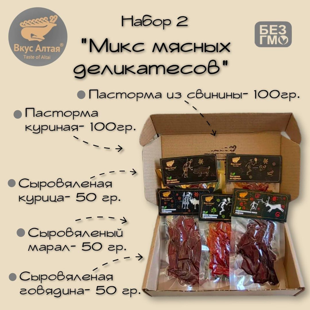 Микс мясных деликатесов - пастрома свиная, куриная, сыровяленый марал,  говядина, курица 350 гр