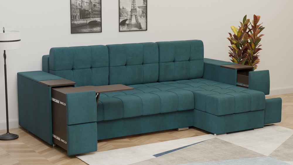 Угловой раскладной диван со столиком Бруклин с оттоманкой(правый) велюр ...