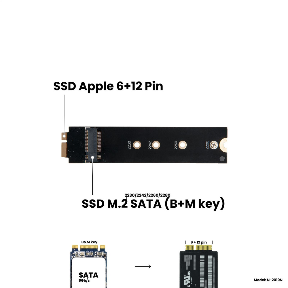 Адаптер-переходник для установки SSD M.2 2230-2280 SATA (B+M key) в разъем  6+12 Pin на MacBook Air 11