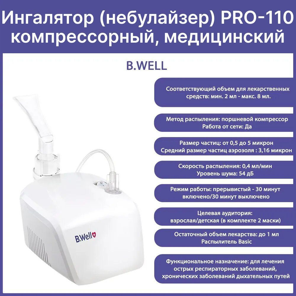 Ингалятор (небулайзер) компрессорный PRO-110 B.Well, профессиональное и  быстрое лечение (2 маски - для взрослых и детей, мундштук, насадка для  носа, сумка, пониженный уровень шума) - купить с доставкой по выгодным  ценам в