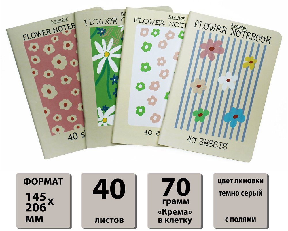 Тетрадь общая kroyter "Flower" А5 40 листов комплект 4 шт #1