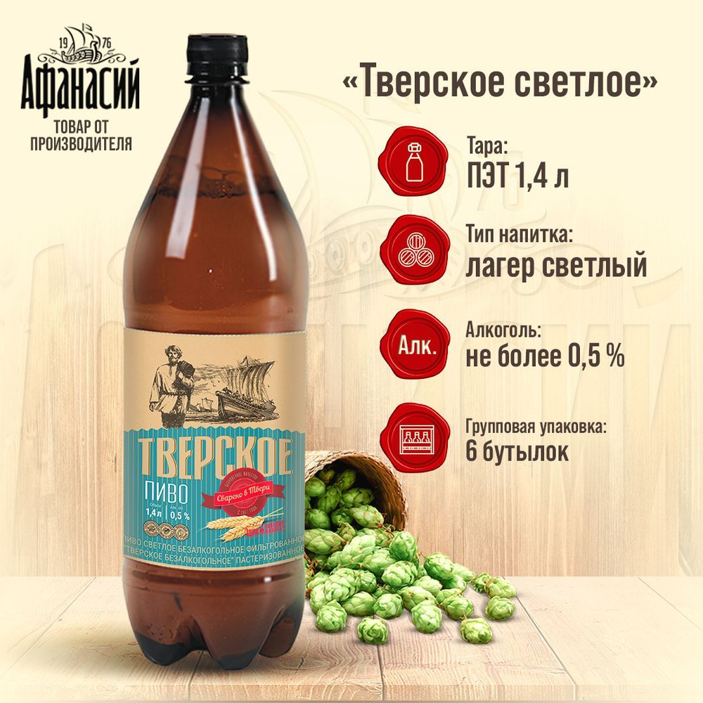 Пиво безалкогольное Афанасий Тверское светлое 1,4л, 6 бутылок. - купить с  доставкой по выгодным ценам в интернет-магазине OZON (934394400)