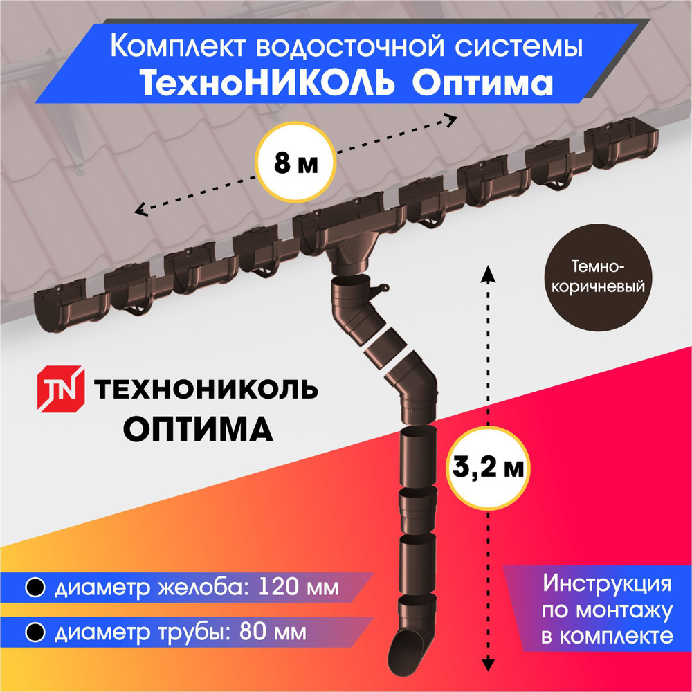 Комплект водосточной системы 120/80 ТехноНИКОЛЬ Оптима для ската 8м, Темно-коричневый (RAL 8019)  #1