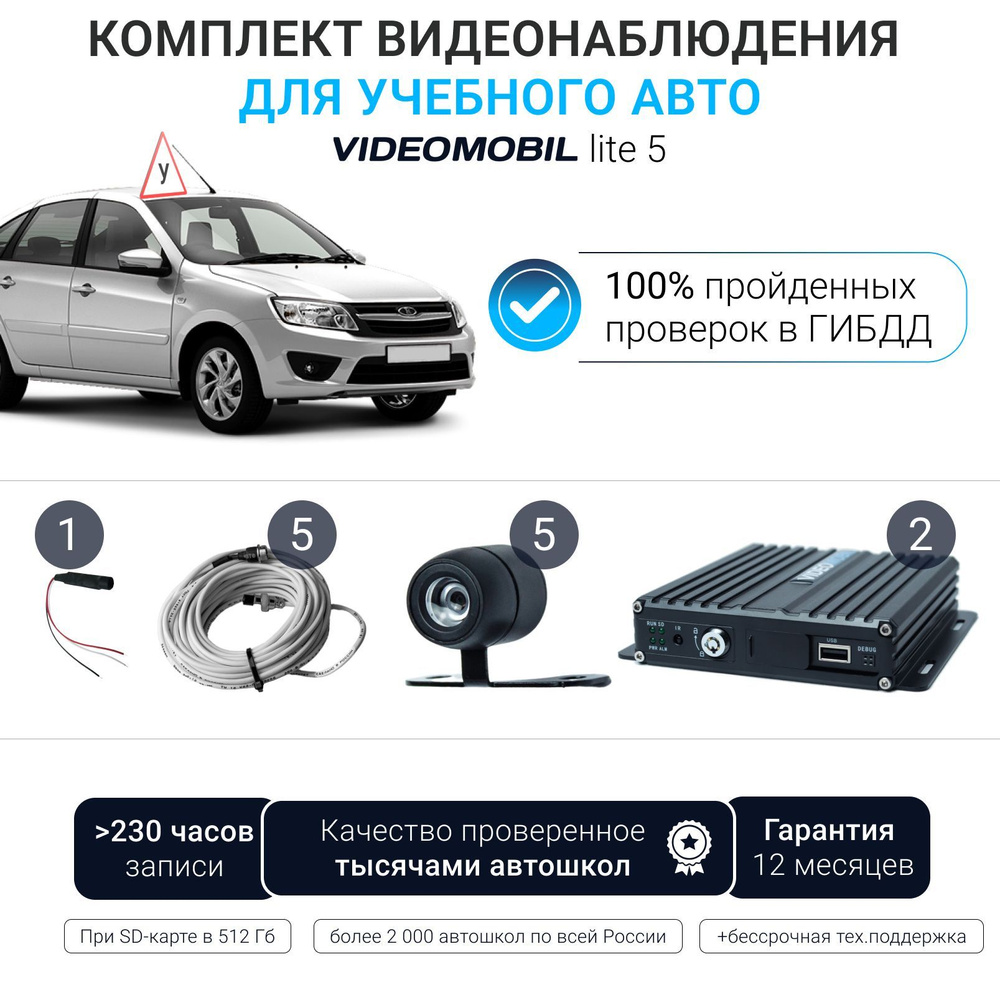 Комплект видеонаблюдения для учебного автомобиля автошколы VM-Lite (5  камер, 2 видеорегистратора, микрофон, кабели подключения 5 шт 5м)