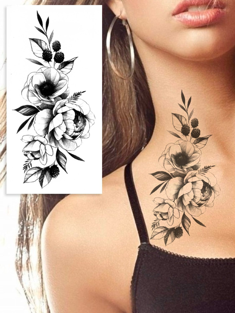Временная тату, переводная татуировка, цветы, роза, пионы, бабочки