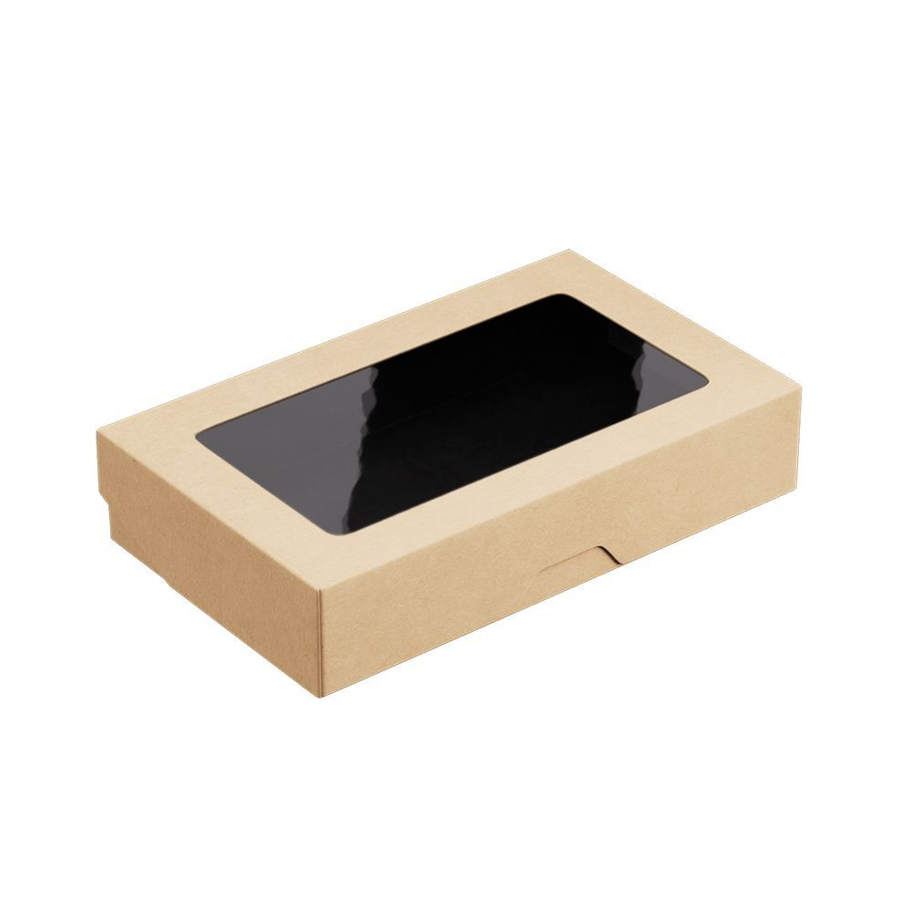 Крафт коробка с окном, сверхпрочная, черная внутри, 20x12x4 см., 1000 мл., набор 25 шт., упаковка пищевая #1