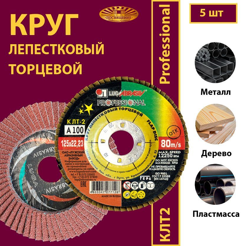 Круг лепестковый торцевой Professional КЛТ2 125 х 22.23 A100 80м/с (5 шт)  #1