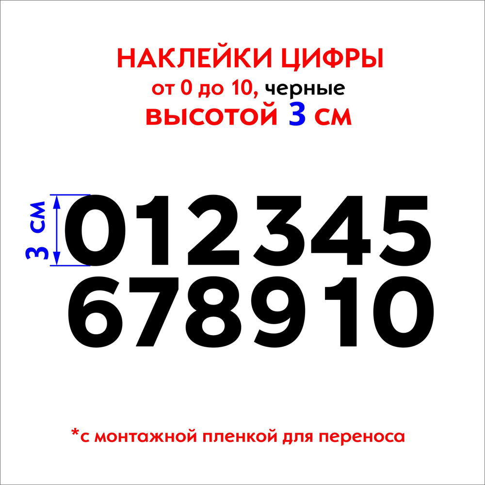 Наклейка на авто набор цифр черные от 1 до 10, высота 3 см