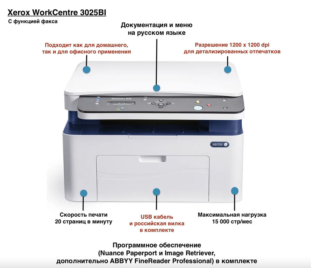 Xerox МФУ Лазерное Workcentre 3025BI + Wi-Fi + Русское меню +  Перезаправляемый картридж + USB кабель (бесплатно) + Гарантия 12 месяцев,  белый, черный