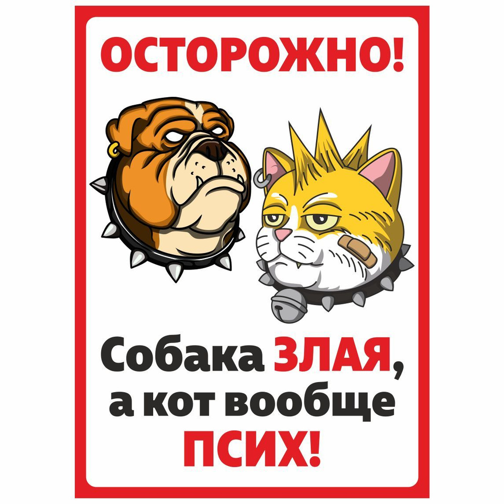 Табличка, осторожно злая собака и кот, прикол,18см х 25см, на дверь, на  забор, 25 см, 18 см - купить в интернет-магазине OZON по выгодной цене  (1185747696)