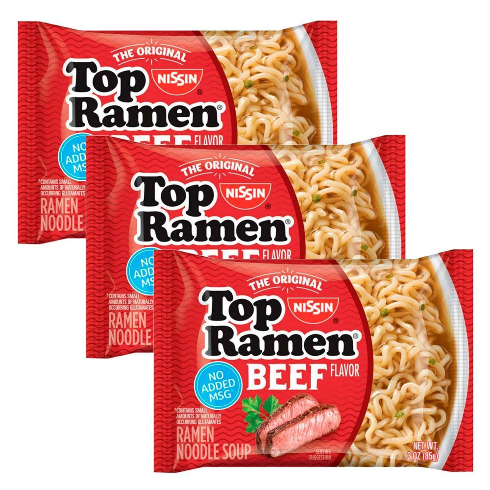 Лапша быстрого приготовления Nissin Top Ramen Beef со вкусом говядины  (США), 85 г (3 шт)