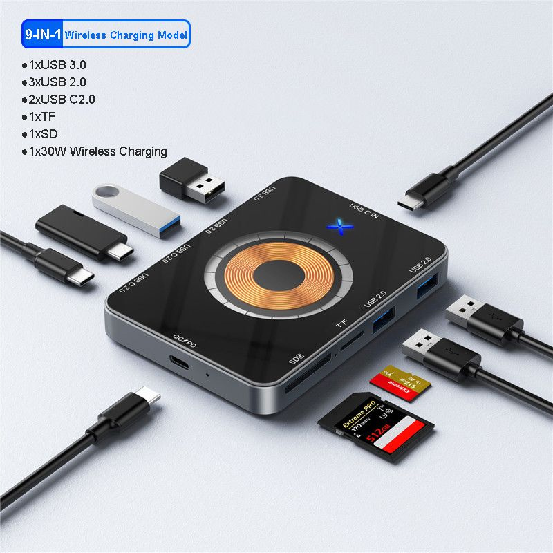 9-в-1 USB C HUB 30 Вт Беспроводная зарядка Тип C Док-станция HUB ...