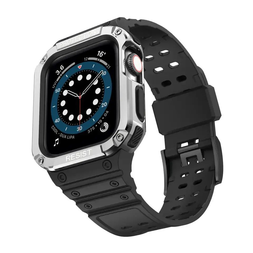 Ремешок для Apple Watch 44/45 mm с усиленным защитным бампером Black/Silver  #1