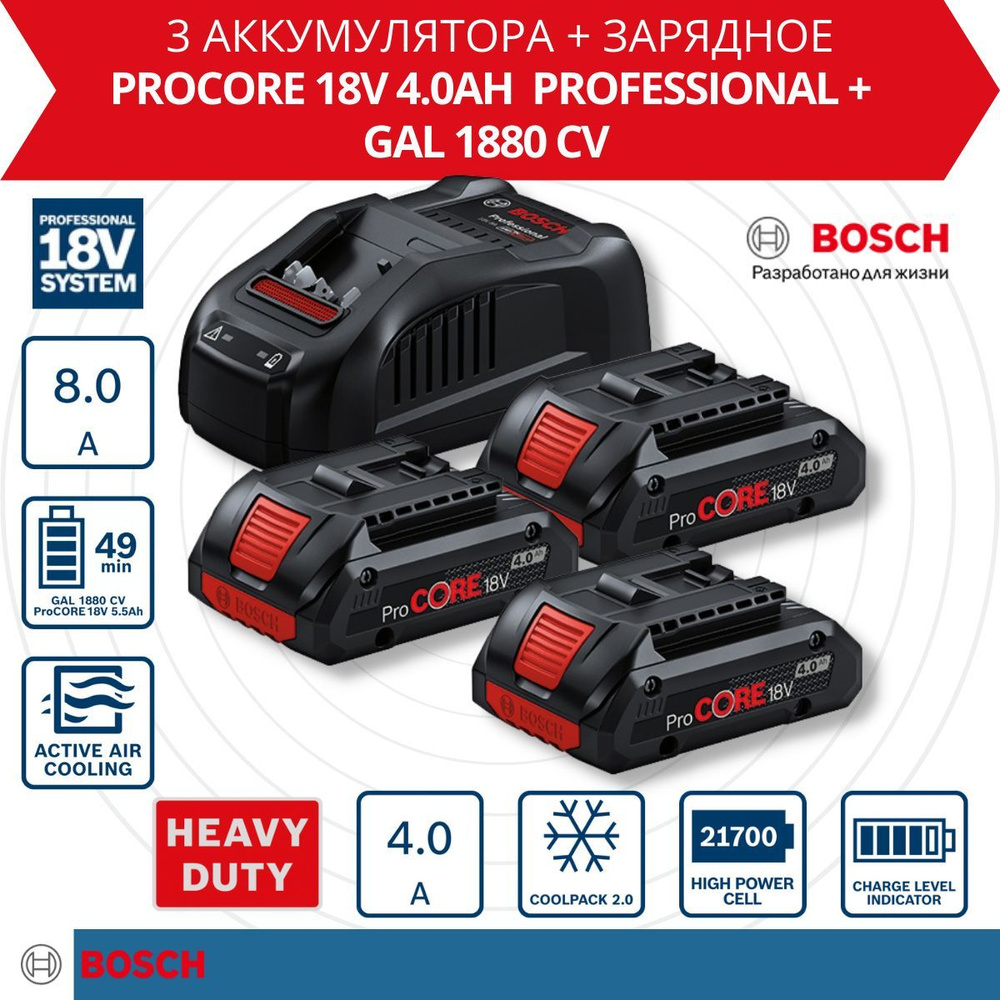 Аккумулятор ProCORE18V 4.0 Ah (3 шт) + зарядное устройство BOSCH GAL ...