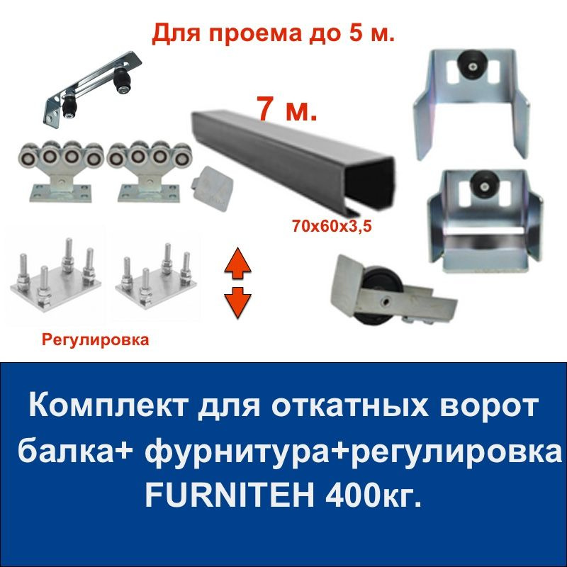 Комплект роликов с регулировкой и фурнитуры FURNITEH с направляющей балкой 7 м. для откатных ворот. Проем #1