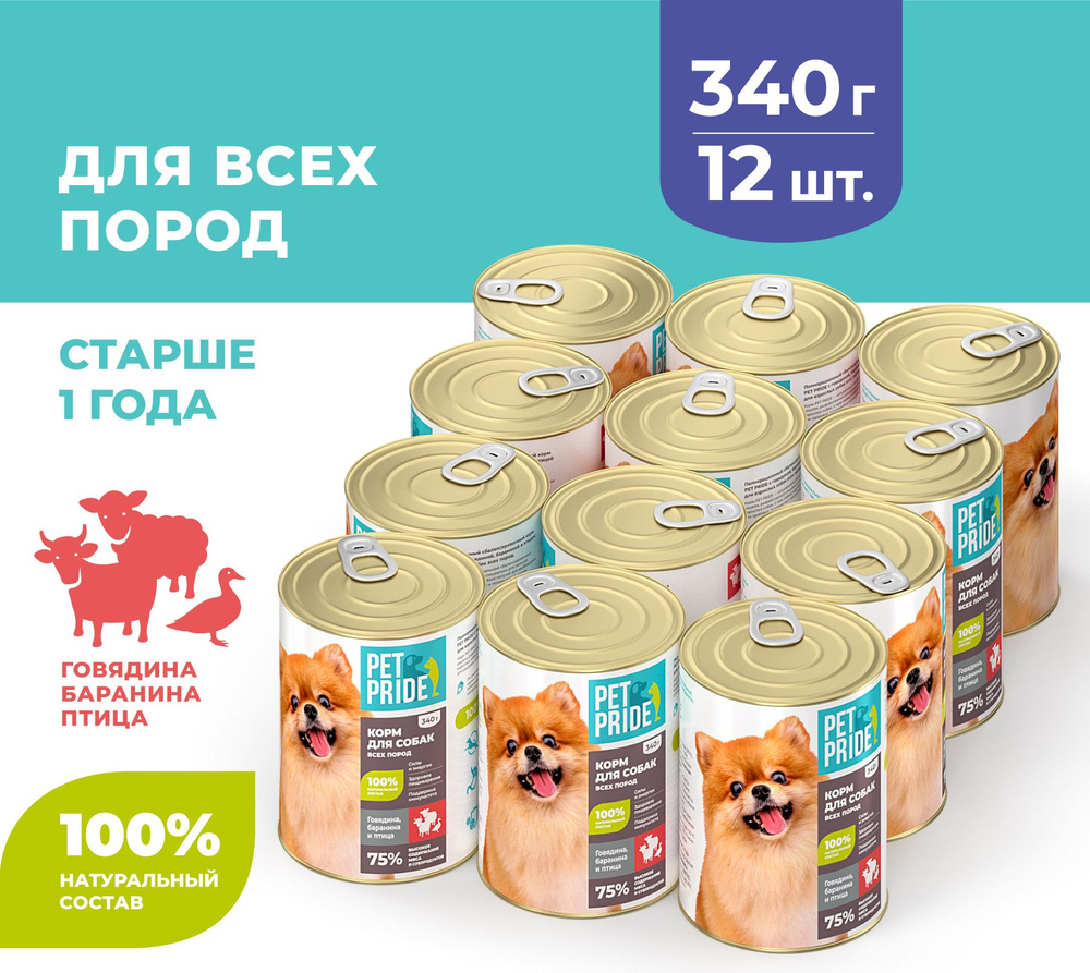 Влажный корм для собак PET PRIDE c говядиной, птицей и бараниной, 340 г ...