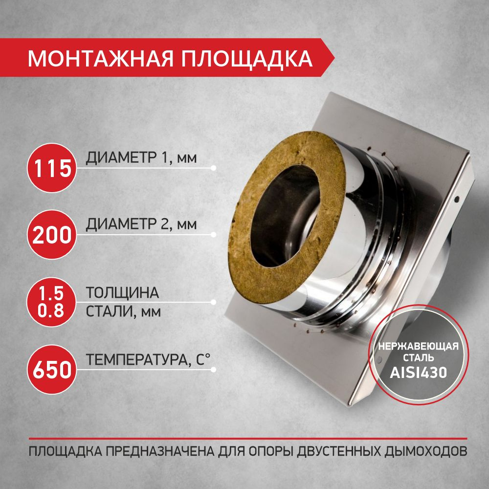 Монтажная площадка для двустенного дымохода D 115 мм / D 200 мм, нержавеющая сталь 1,5 мм / нержавеющая #1